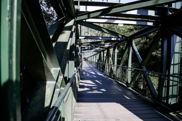 Beautiful iron bridge over the river in the middle of the enchanted forest