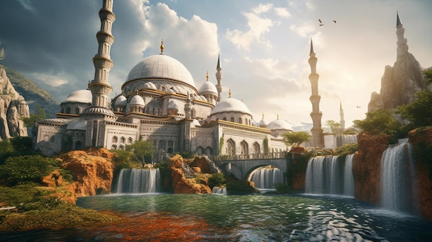 Beautiful Islamic cascade mosque surreal photograph image AI generated art