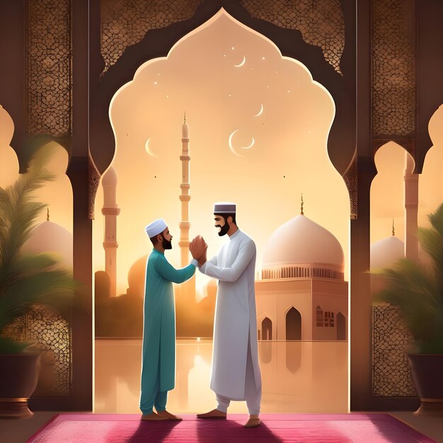 이슬람 배경에서 웃는 얼굴을 가진 아버지와 아들의 아름다운 이슬람 캐릭터
