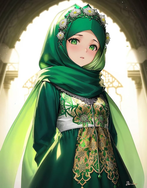 Girl,jojo bizare style,blue eyes, smile, green headscarf muslim