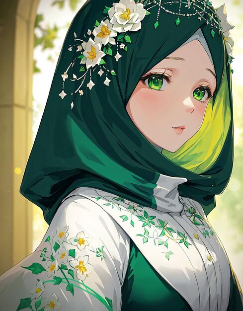 Girl,jojo bizare style,blue eyes, smile, green headscarf muslim