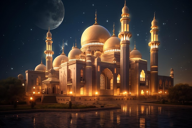 A Beautiful Islamic mosque on a starry night