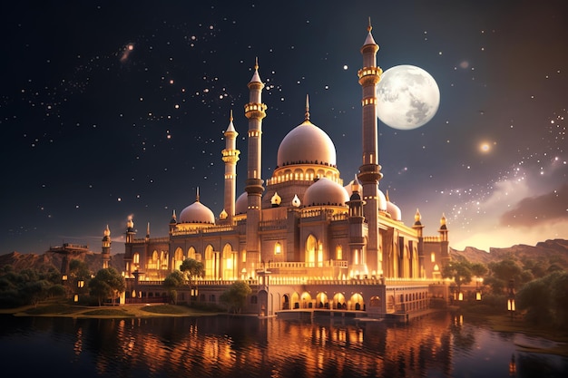 A Beautiful Islamic mosque on a starry night