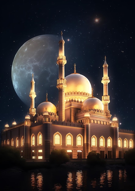 A beautiful Islamic mosque with starry night sky