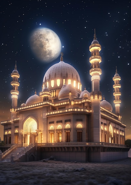 A beautiful Islamic mosque with starry night sky