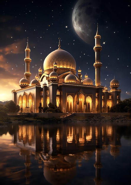 A beautiful Islamic mosque with starry night sky