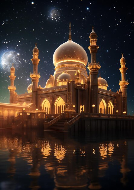 A beautiful Islamic mosque with starry night sky