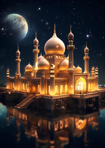 A beautiful Islamic mosque with starry night sky