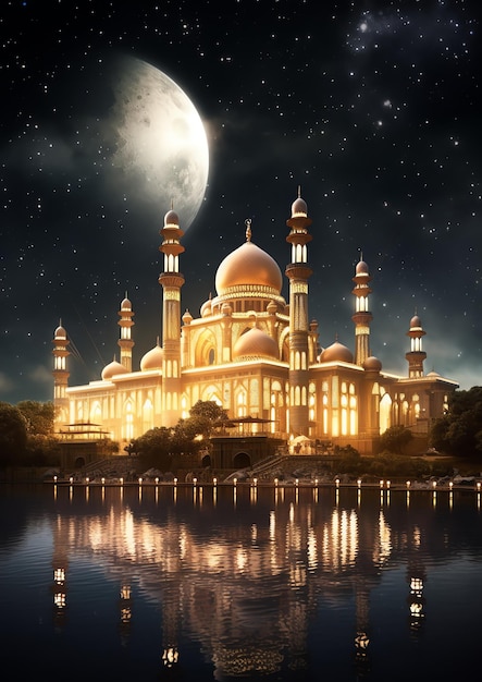 A beautiful Islamic mosque with starry night sky