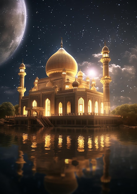 A beautiful Islamic mosque with starry night sky