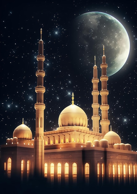 A beautiful Islamic mosque with starry night sky