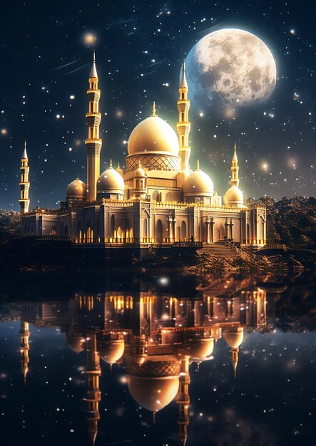 A beautiful Islamic mosque with starry night sky