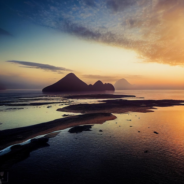 Beautiful island in sunset with backlight and silhouette