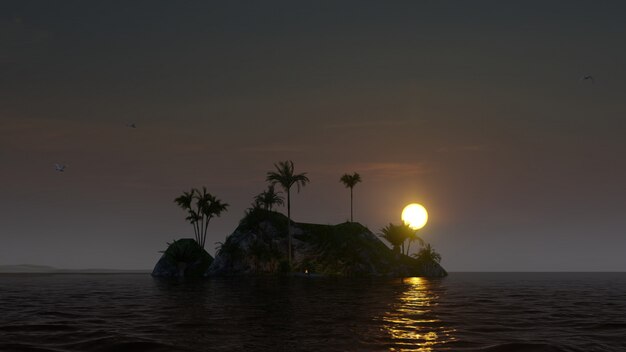 beautiful island with a fire and palm trees 