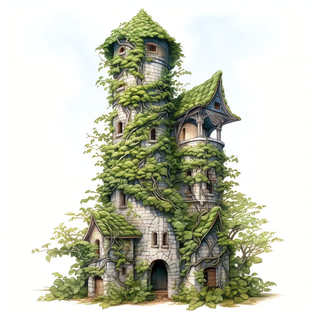 Photo beautiful ivycovered tower in a fantasy landscape watercolor clipart illustration