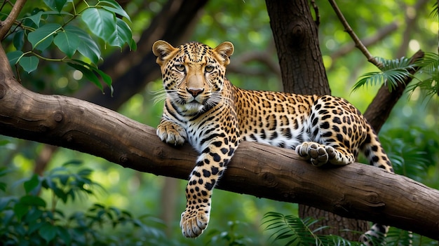 Photo a beautiful jaguar lying on a tree branch