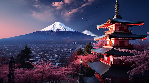 Photo beautiful japan landmark background night sky mountain fuji and temple red pagoda