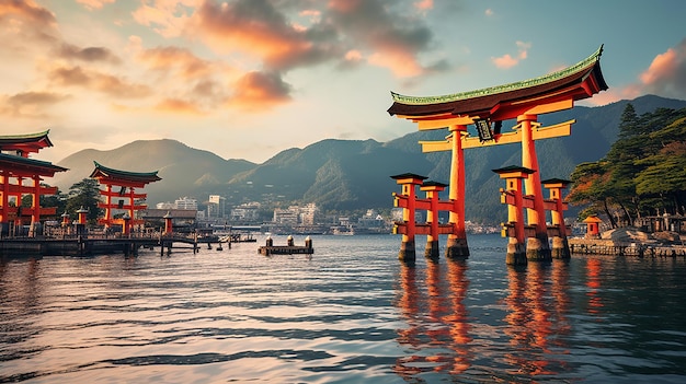 宮島鳥居の素晴らしい浮遊ゲート o 鳥居を持つ美しい日本のランドマークの背景