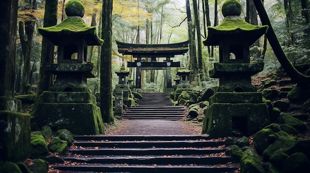 Foto bellissima scena storica del giappone con santuario nella foresta aso kumamoto