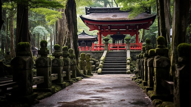 Красивая японская достопримечательность со святыней в лесу Асо Кумамото