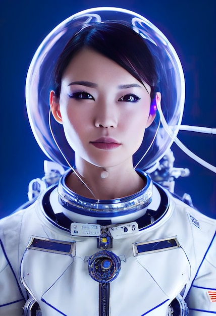 Красивая японская астронавт в футуристической обстановке