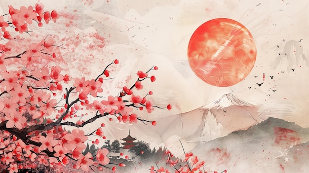Красивый японский фон Японский пейзаж с вишневыми цветами