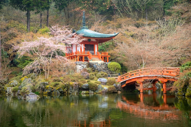 Beautiful japanese garden at Daigo-ji temple with cherry blossom during spring season in April in, Kyoto, Japan.