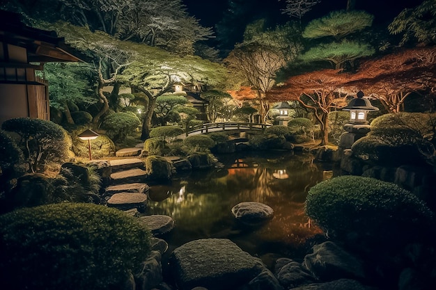 Beautiful japanese garden at night Ai generated