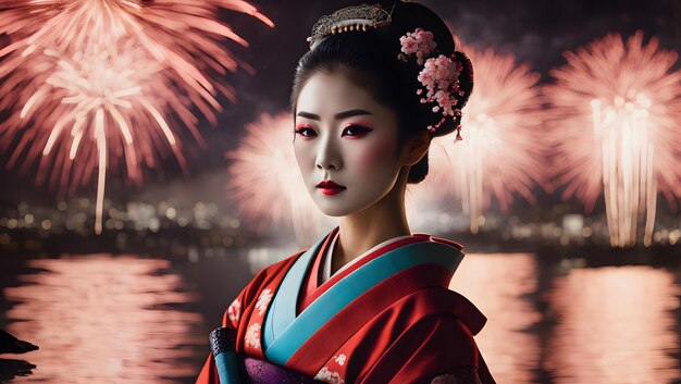 Foto bella geisha giapponese a fuoco fuochi d'artificio sullo sfondo dell'ia generativa