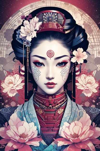 beautiful japanese geisha ilustration portrait with kimono and flowers