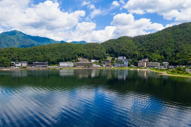 Beautiful Japanese kawaguchi landscape with clear blue sky