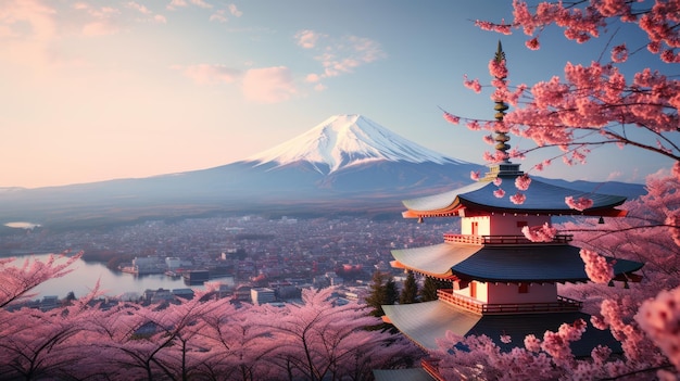 beautiful Japanese landscapes Mount Fuji and red pagodas