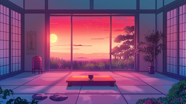 Photo a beautiful japanese room at sunset in an anime cartoonish art style cozy lofi asian architecture