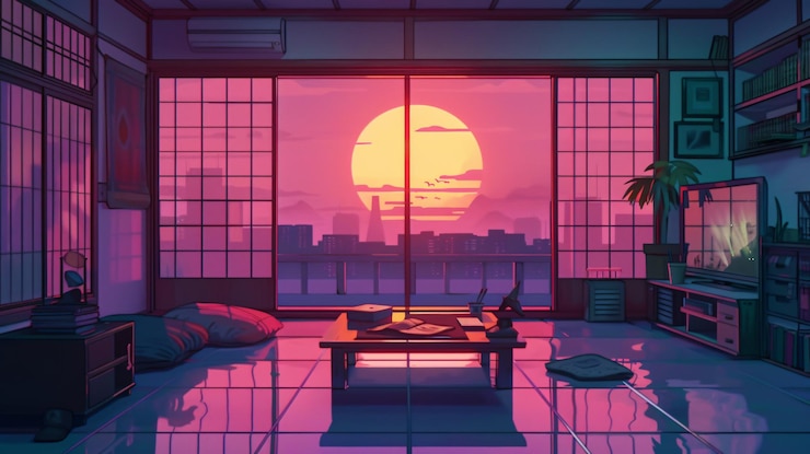 Photo a beautiful japanese room at sunset with a cartoonish anime art style featuring cozy