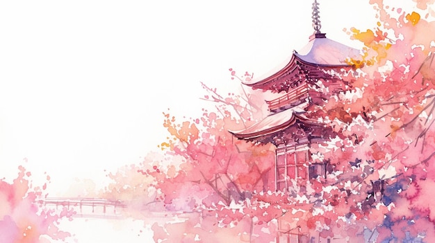 Photo beautiful japanese temple with cherry blossom digital watercolor painting