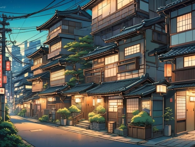 Photo a beautiful japanese tokyo city town in the evening houses at the street anime comics artstyle