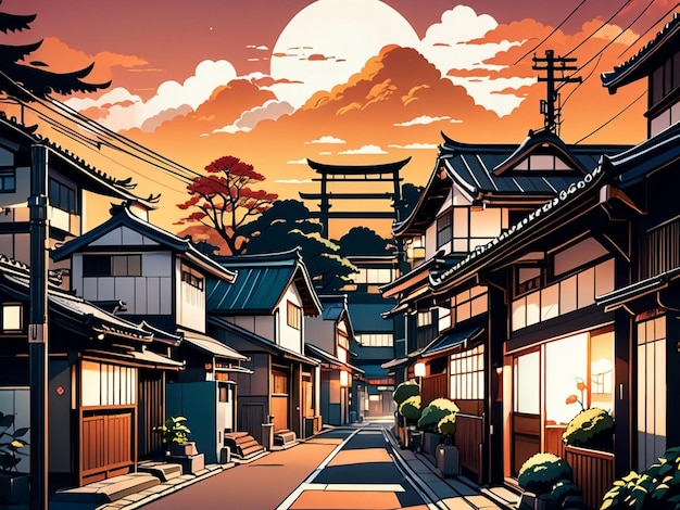 a beautiful japanese tokyo city town in the evening houses at the street anime comics artstyle
