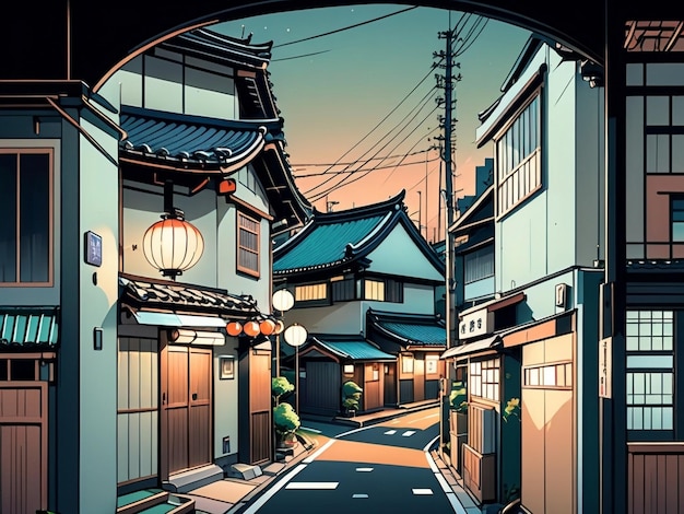 Photo a beautiful japanese tokyo city town in the evening houses at the street anime comics artstyle