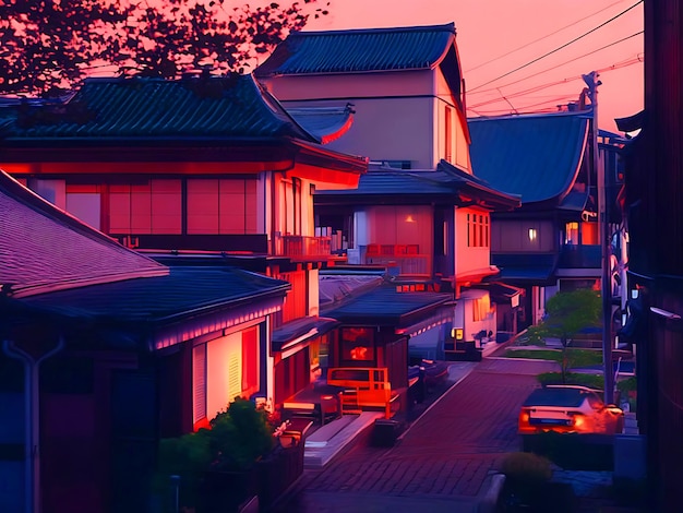 Photo a beautiful japanese tokyo city town in the evening houses at the street