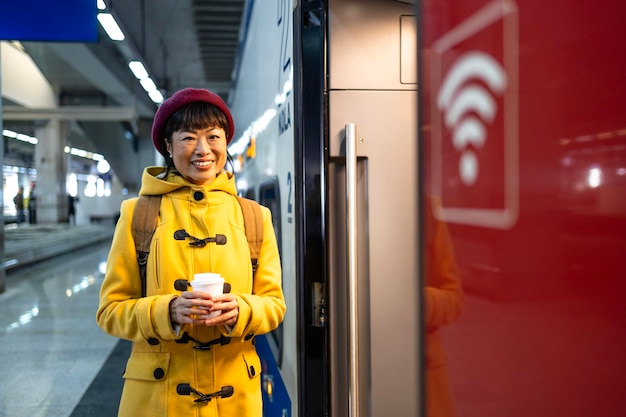 Photo beautiful japanese woman in coat and backpack boarding modern subway train at the station