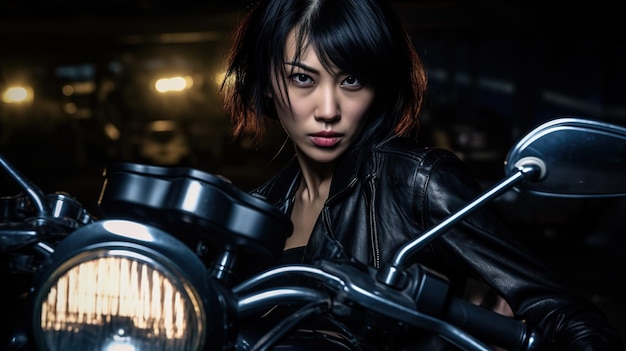 Beautiful japanese woman in urban background wearing leather jac