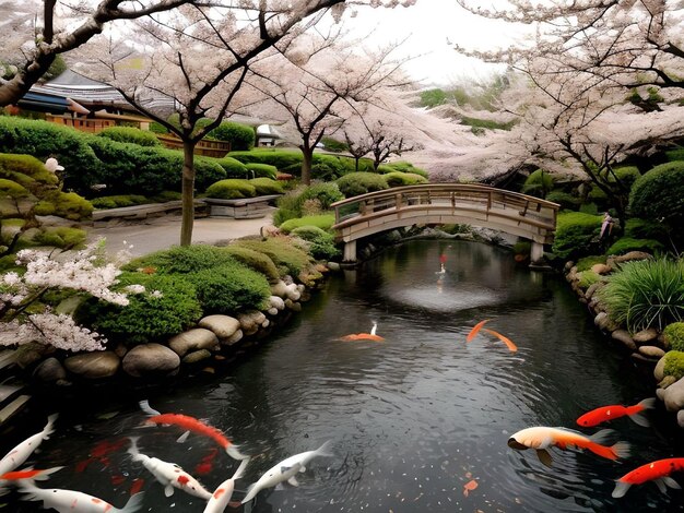 Beautiful Japanese Zen Garden with Koi in The Pond and Cherry Blossoms