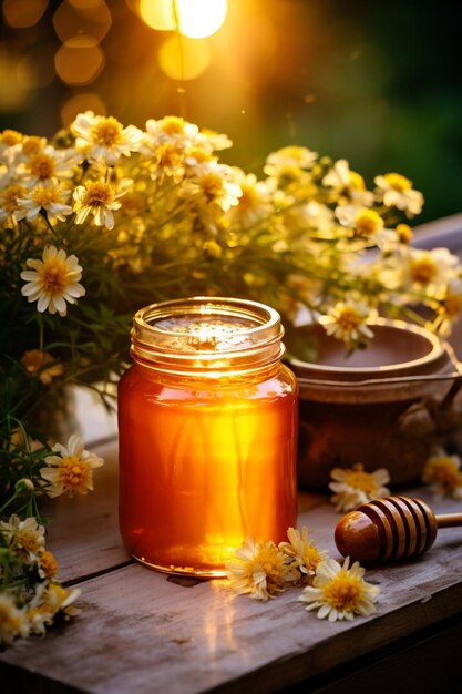 A Beautiful jar of honey with flowers on the table