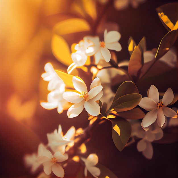 Beautiful jasmine flowers in grass field with sunset background generative ai