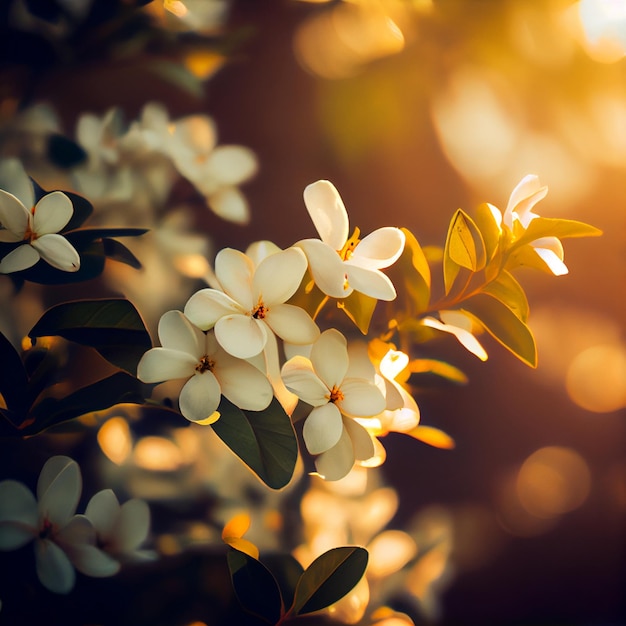 Beautiful jasmine flowers in grass field with sunset background generative ai