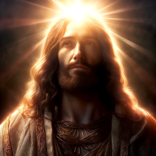 Beautiful Jesus Christ looks ahead with kind eyes before the abstract lights of heaven