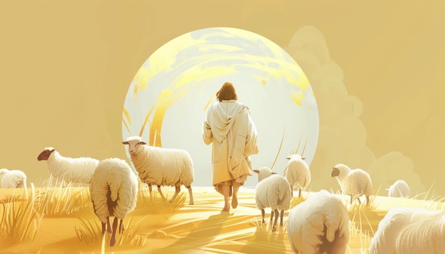 Beautiful Jesus Sheperd with his sheep background Illustrated amazing landscape Biblical scene