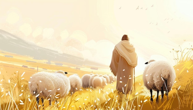 Прекрасный Иисус Пастух со своими овцами на заднем плане Иллюстрированный удивительный пейзаж Библейская сцена