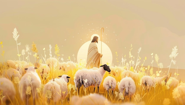 Beautiful Jesus Sheperd with his sheep background Illustrated amazing landscape Biblical scene