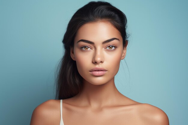 Beautiful joyful diverse asian woman happy after cosmetology procedures posing on blue studio background